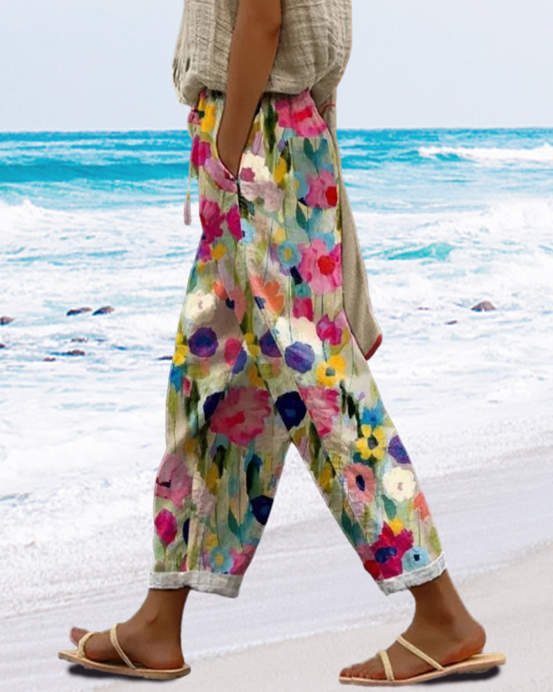 Vestra™  | Stilfulde Bukser med Blomstermønster og Løs Pasform