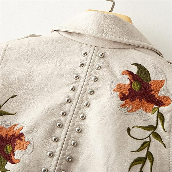 Vestra™  | Stilfuld Bikerjakke med Blomstret Broderi