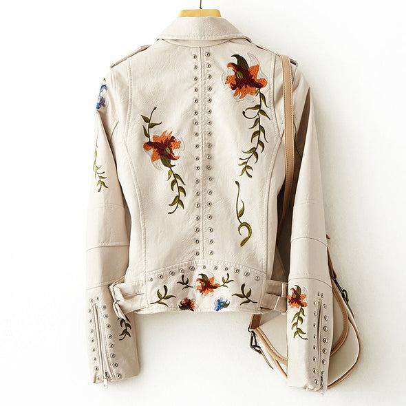 Vestra™  | Stilfuld Bikerjakke med Blomstret Broderi